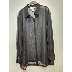 Maggie McNaughton Women 2X Black Sheer Button Down Long Sleeve Blouse Top